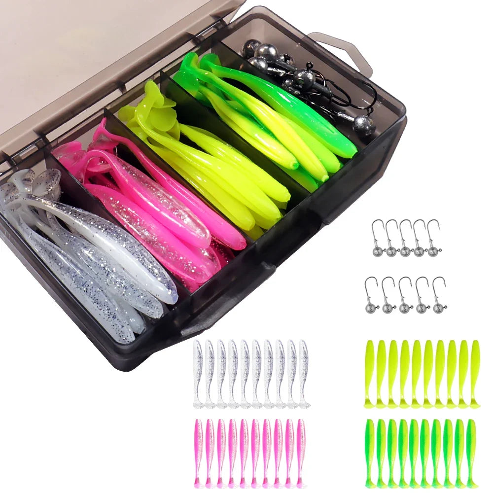 50Pcs/Box Metal Jig Bait 5.5Cm 7Cm 10Cm Soft Lure 3G 5G 7G 10G 14G Jigging Head Hook Fishing Box Pesca Swimbait Sinking Lure Kit