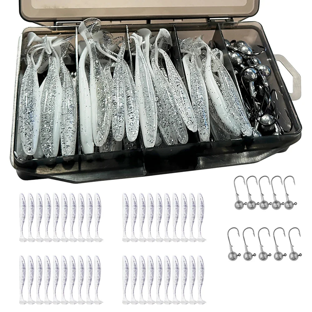 50Pcs/Box Metal Jig Bait 5.5Cm 7Cm 10Cm Soft Lure 3G 5G 7G 10G 14G Jigging Head Hook Fishing Box Pesca Swimbait Sinking Lure Kit