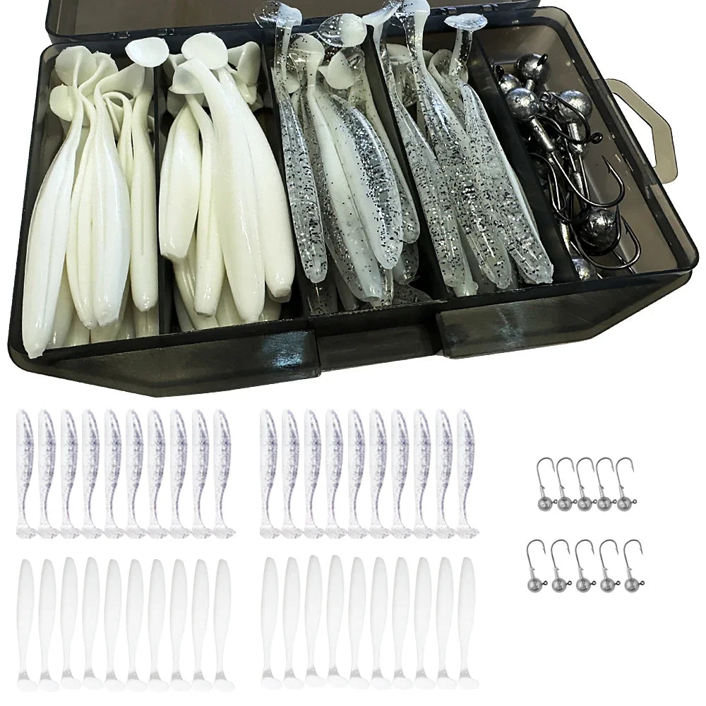 50Pcs/Box Metal Jig Bait 5.5Cm 7Cm 10Cm Soft Lure 3G 5G 7G 10G 14G Jigging Head Hook Fishing Box Pesca Swimbait Sinking Lure Kit