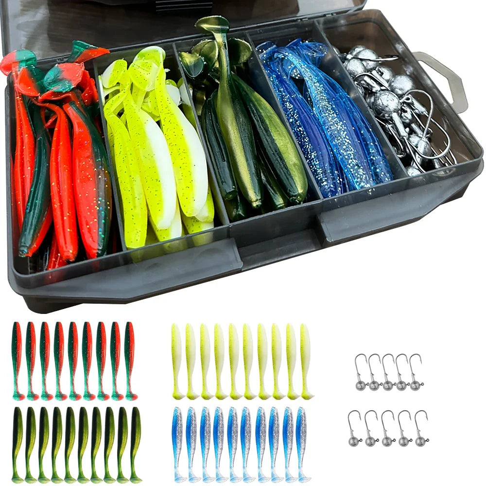 50Pcs/Box Metal Jig Bait 5.5Cm 7Cm 10Cm Soft Lure 3G 5G 7G 10G 14G Jigging Head Hook Fishing Box Pesca Swimbait Sinking Lure Kit
