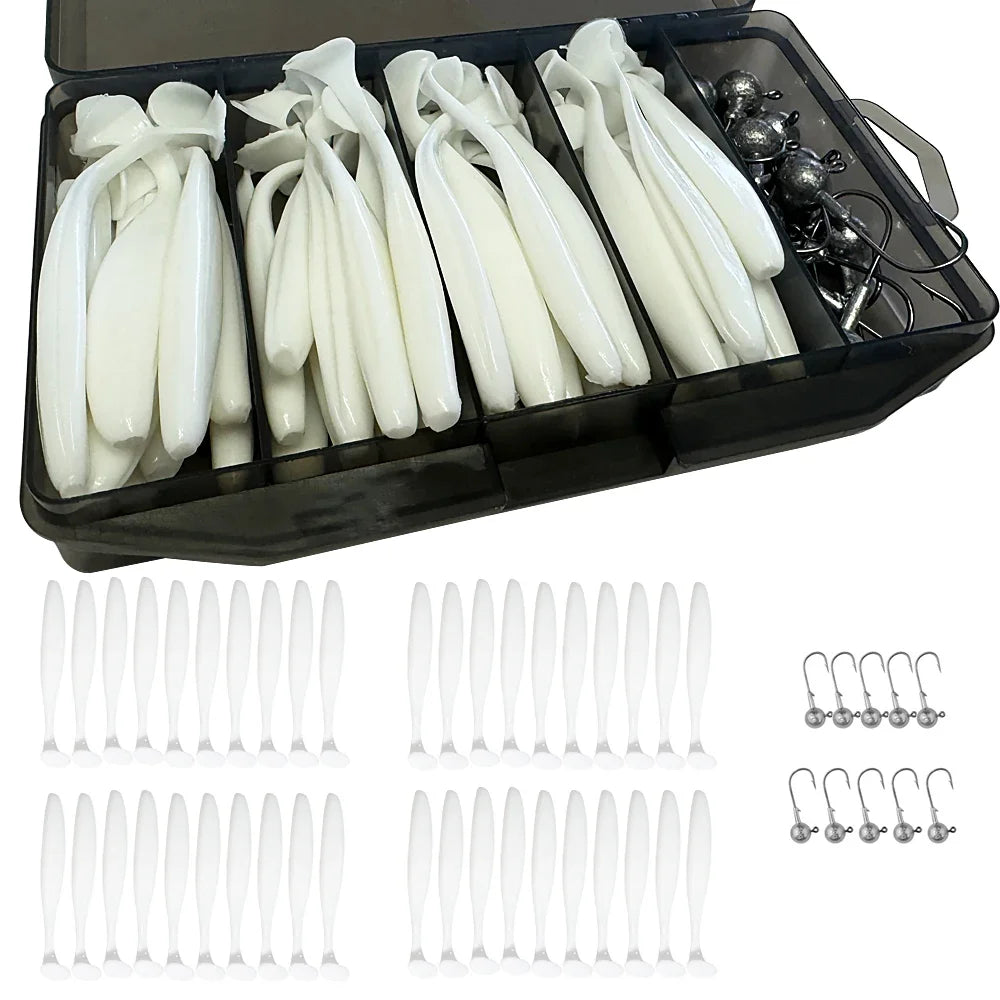 50Pcs/Box Metal Jig Bait 5.5Cm 7Cm 10Cm Soft Lure 3G 5G 7G 10G 14G Jigging Head Hook Fishing Box Pesca Swimbait Sinking Lure Kit