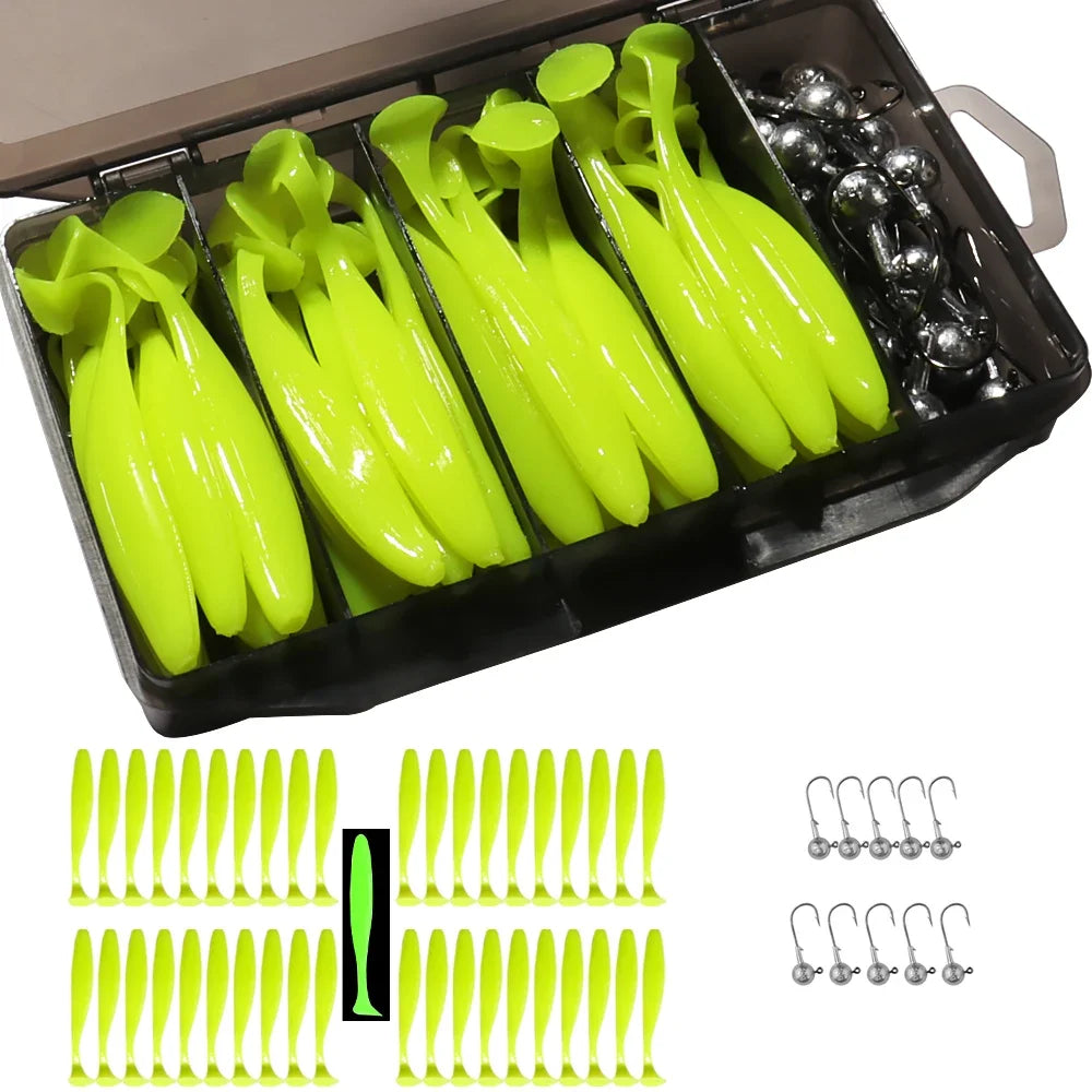 50Pcs/Box Metal Jig Bait 5.5Cm 7Cm 10Cm Soft Lure 3G 5G 7G 10G 14G Jigging Head Hook Fishing Box Pesca Swimbait Sinking Lure Kit