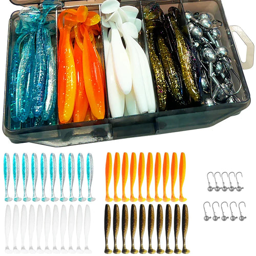 50Pcs/Box Metal Jig Bait 5.5Cm 7Cm 10Cm Soft Lure 3G 5G 7G 10G 14G Jigging Head Hook Fishing Box Pesca Swimbait Sinking Lure Kit