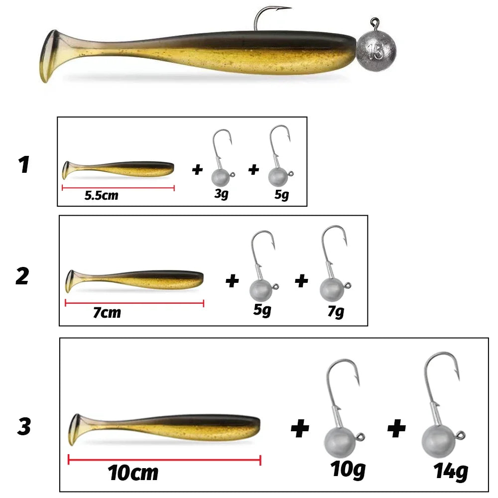 50Pcs/Box Metal Jig Bait 5.5Cm 7Cm 10Cm Soft Lure 3G 5G 7G 10G 14G Jigging Head Hook Fishing Box Pesca Swimbait Sinking Lure Kit