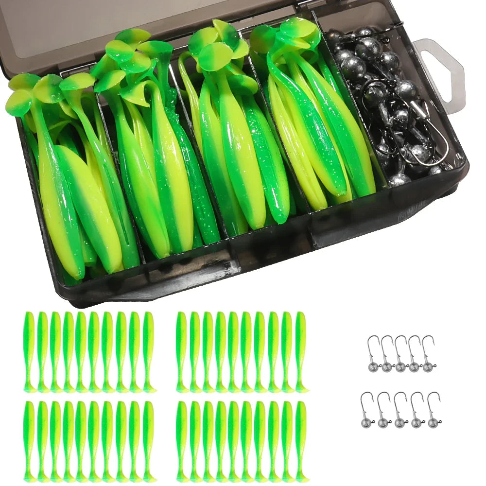50Pcs/Box Metal Jig Bait 5.5Cm 7Cm 10Cm Soft Lure 3G 5G 7G 10G 14G Jigging Head Hook Fishing Box Pesca Swimbait Sinking Lure Kit