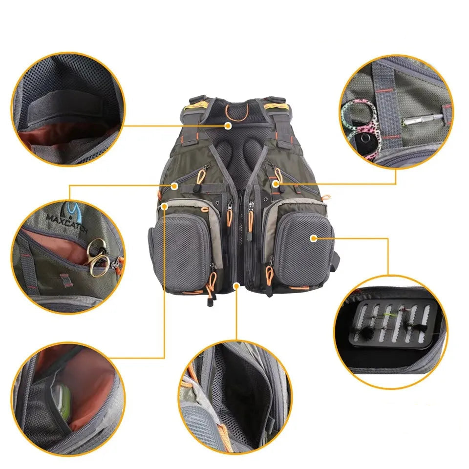 V-SBS Tactical Fly Fishing Vest and Backpack with Multifunctional Pockets for Outdoor Sports